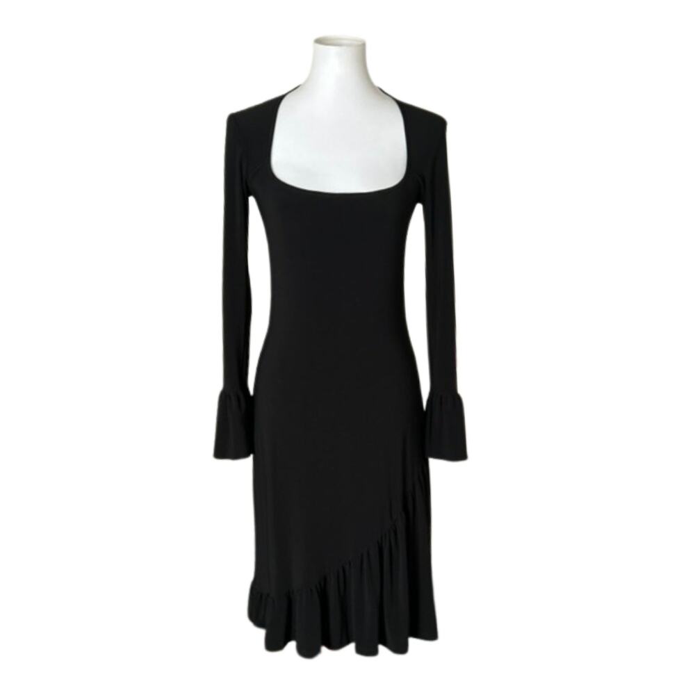 Vintage Leona Edmiston Y2K Black Dress – Deep Square Neckline & Ruffle Accents